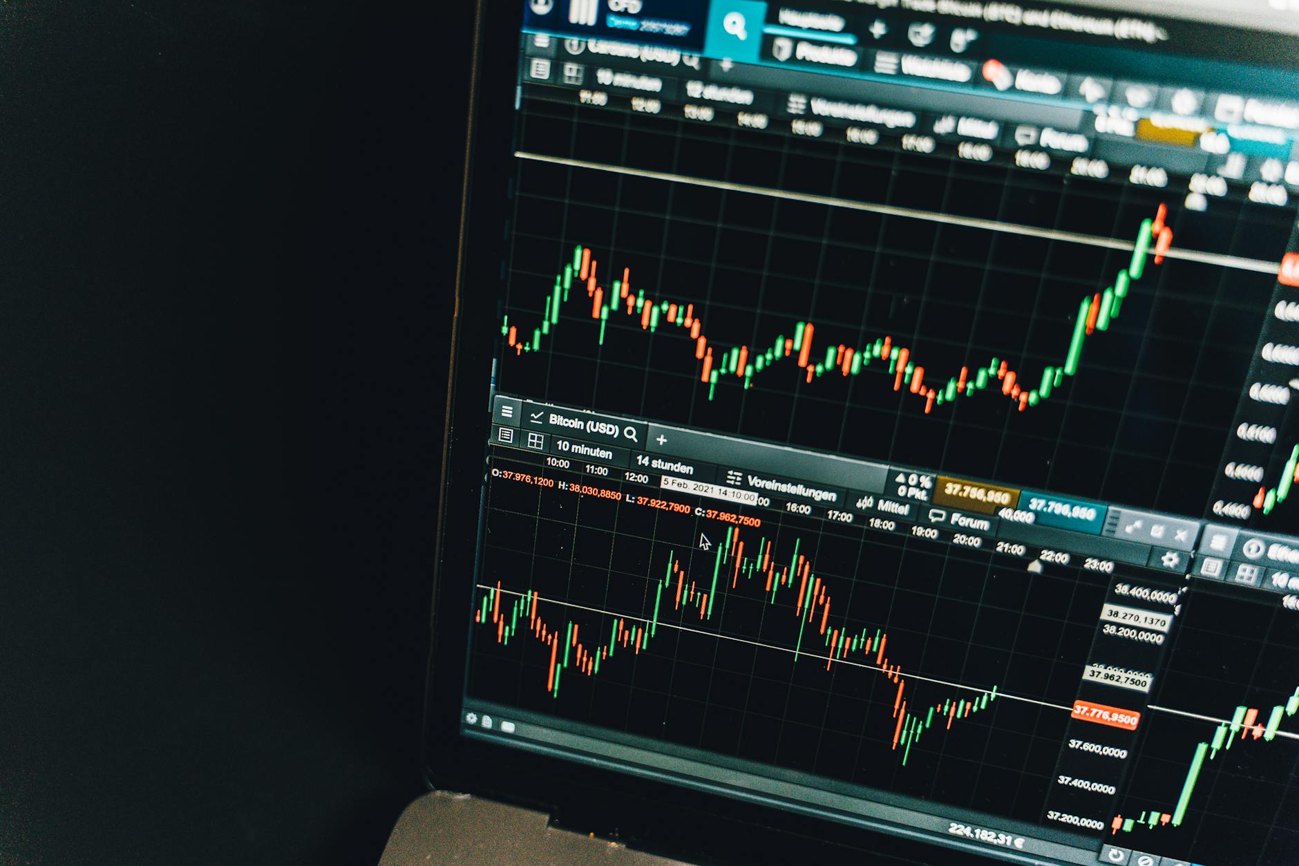 Ilustrasi: Close-up of a live cryptocurrency trading chart screen displaying dynamic market trends and analysis.