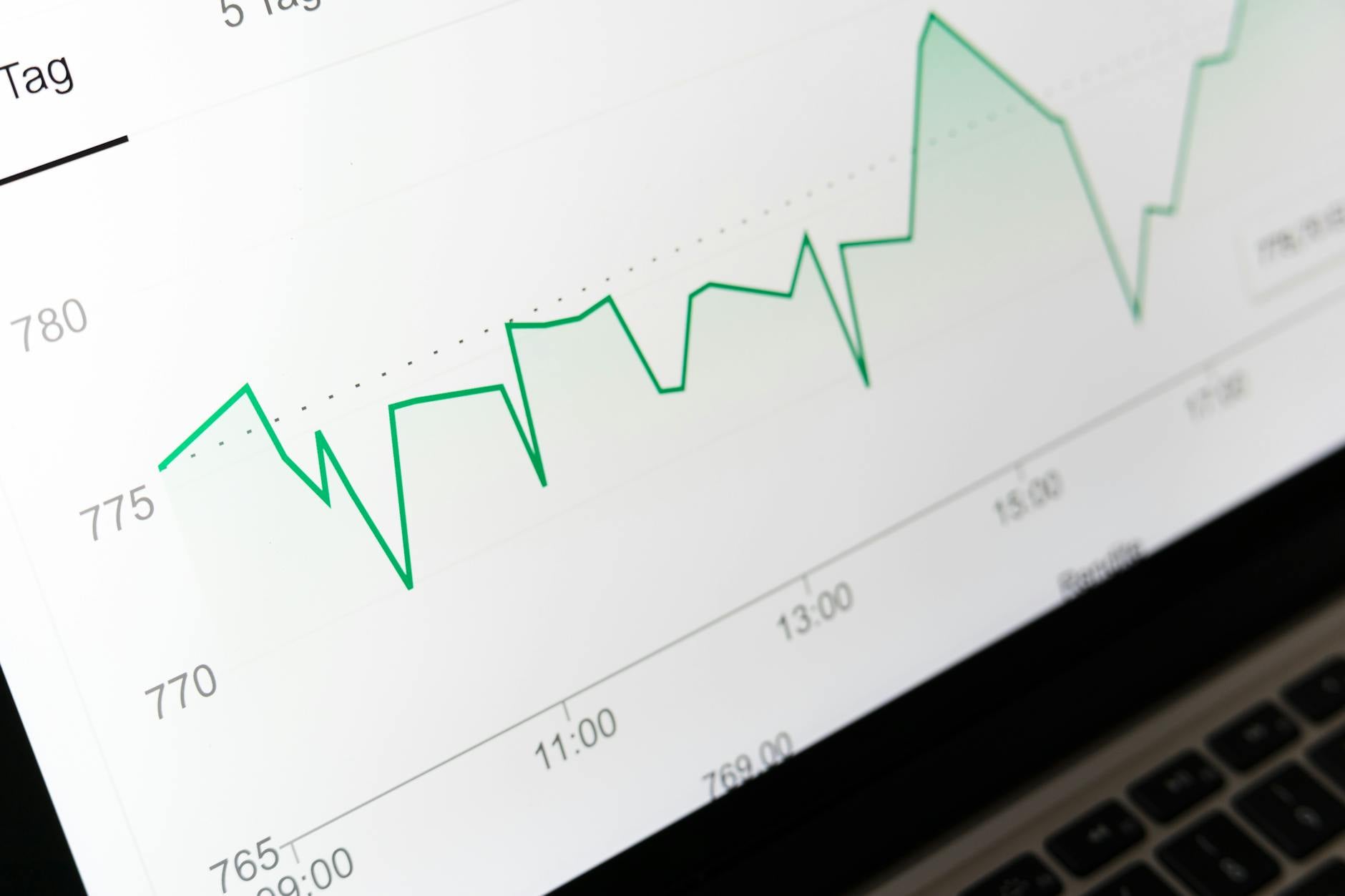 Ilustrasi: Detailed close-up of a financial graph on a computer screen showing data trends.