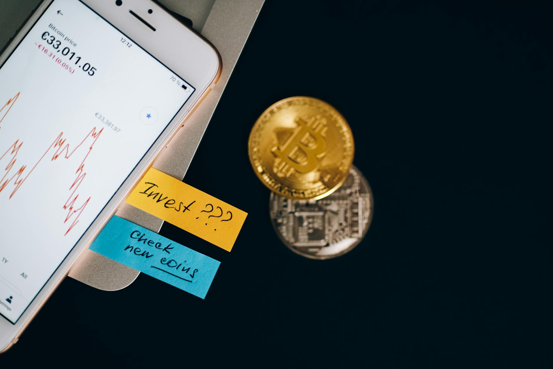 Ilustrasi: Bitcoin coins and smartphone displaying price chart with investment notes.